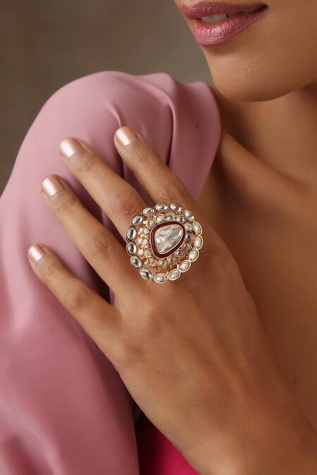 Swabhimann_Red Metallic Thread Geometric Moissanite Polki Ring _Online_at_Aza_Fashions
