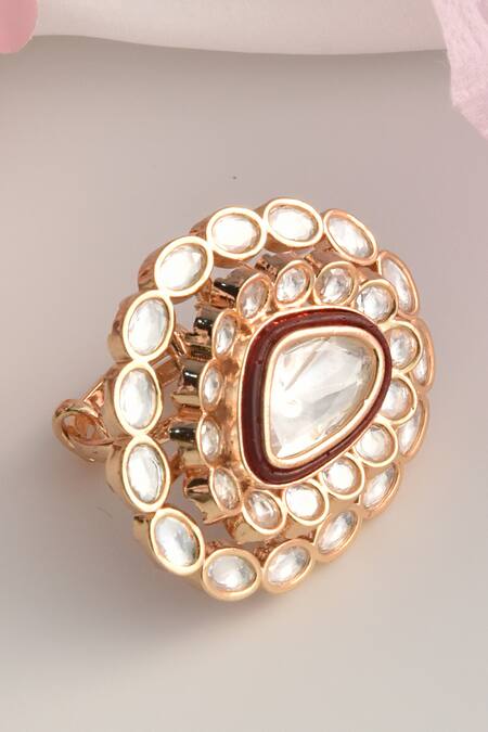 Shop_Swabhimann_Red Metallic Thread Geometric Moissanite Polki Ring _at_Aza_Fashions