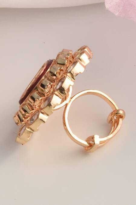 Shop_Swabhimann_Red Metallic Thread Geometric Moissanite Polki Ring _Online_at_Aza_Fashions
