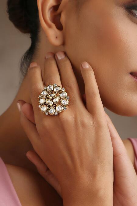 Swabhimann_Gold Plated Imitation Diamonds Kundan Embellished Ring _Online_at_Aza_Fashions