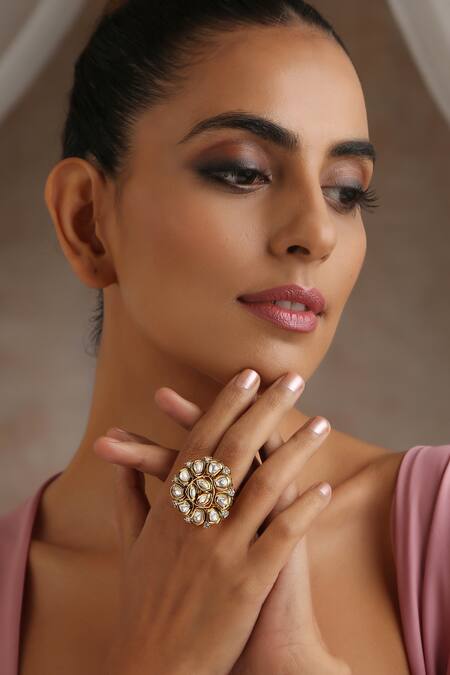 Buy_Swabhimann_Gold Plated Imitation Diamonds Kundan Embellished Ring _Online_at_Aza_Fashions