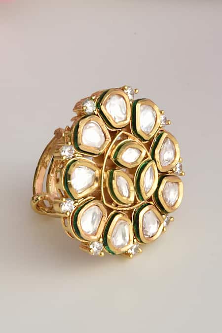 Shop_Swabhimann_Gold Plated Imitation Diamonds Kundan Embellished Ring _at_Aza_Fashions