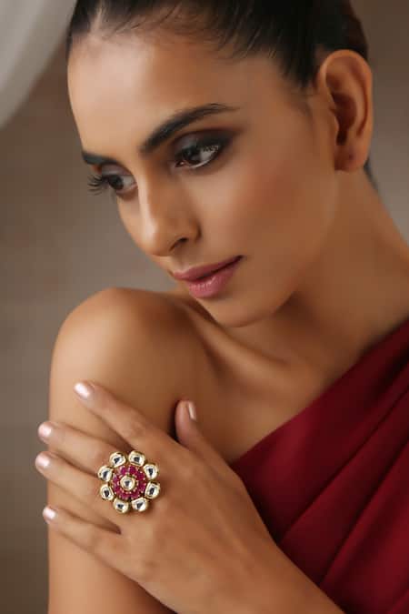 Swabhimann_Red Imitation Diamonds Moissanite Polki Studded Ring _Online_at_Aza_Fashions
