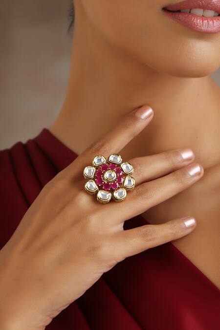 Buy_Swabhimann_Red Imitation Diamonds Moissanite Polki Studded Ring _Online_at_Aza_Fashions