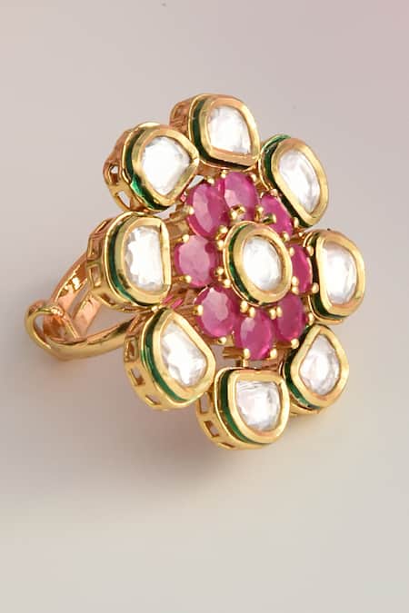 Shop_Swabhimann_Red Imitation Diamonds Moissanite Polki Studded Ring _at_Aza_Fashions