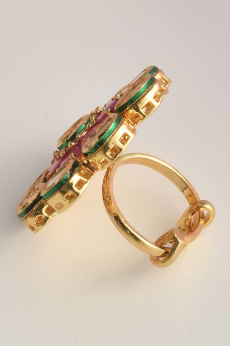 Shop_Swabhimann_Red Imitation Diamonds Moissanite Polki Studded Ring _Online_at_Aza_Fashions