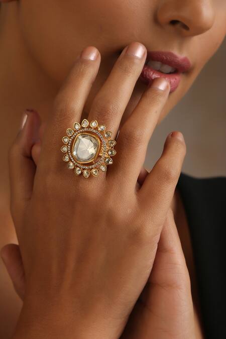 Swabhimann_Gold Plated Imitation Diamonds Moissanite Polki Cutwork Embellished Ring _Online_at_Aza_Fashions