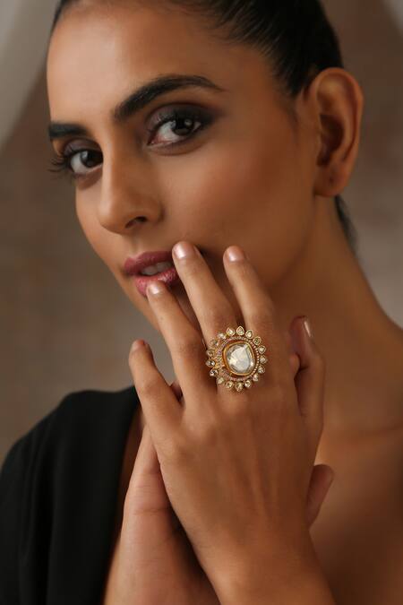 Buy_Swabhimann_Gold Plated Imitation Diamonds Moissanite Polki Cutwork Embellished Ring _Online_at_Aza_Fashions