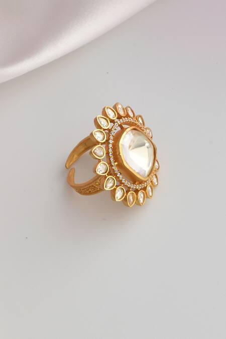 Shop_Swabhimann_Gold Plated Imitation Diamonds Moissanite Polki Cutwork Embellished Ring _at_Aza_Fashions