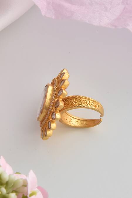 Shop_Swabhimann_Gold Plated Imitation Diamonds Moissanite Polki Cutwork Embellished Ring _Online_at_Aza_Fashions