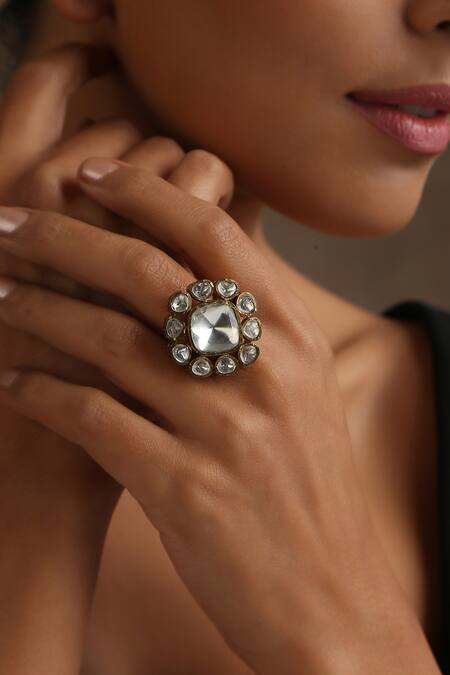 Swabhimann_Gold Plated Mirrors Victorian Polki Embellished Ring _Online_at_Aza_Fashions