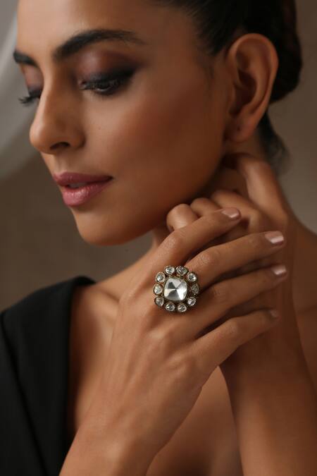 Buy_Swabhimann_Gold Plated Mirrors Victorian Polki Embellished Ring _Online_at_Aza_Fashions