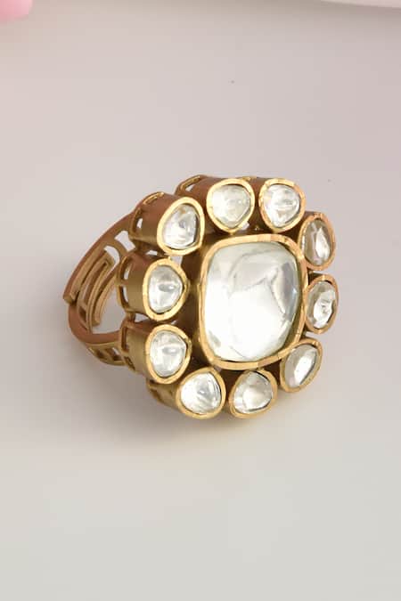 Shop_Swabhimann_Gold Plated Mirrors Victorian Polki Embellished Ring _at_Aza_Fashions