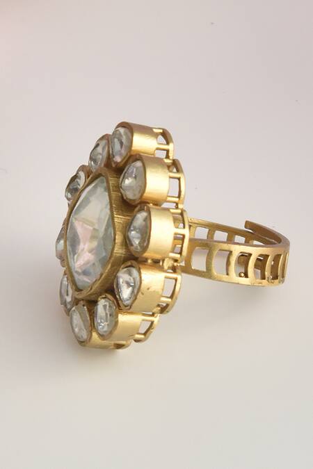 Shop_Swabhimann_Gold Plated Mirrors Victorian Polki Embellished Ring _Online_at_Aza_Fashions