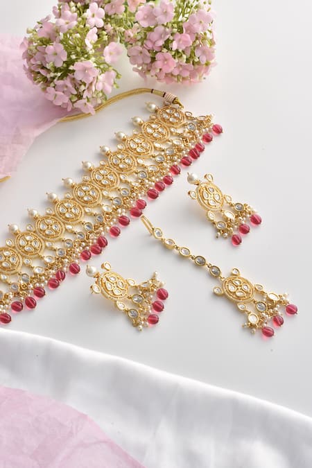 Shop_Swabhimann_Red Pearls, Diamonds Moissanite Polki Embellished Choker Set _at_Aza_Fashions