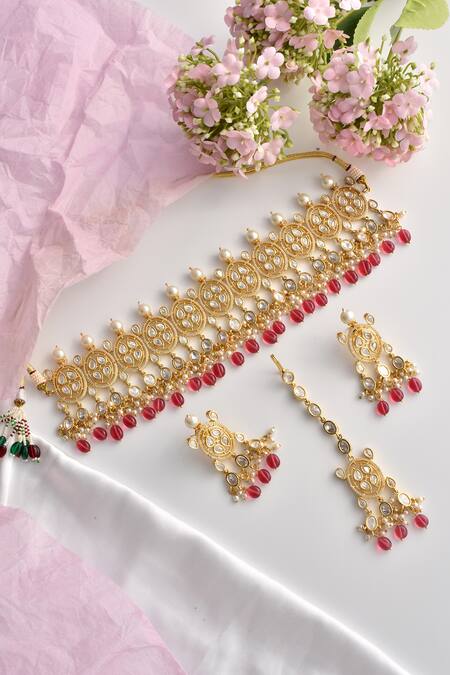 Shop_Swabhimann_Red Pearls, Diamonds Moissanite Polki Embellished Choker Set _Online_at_Aza_Fashions