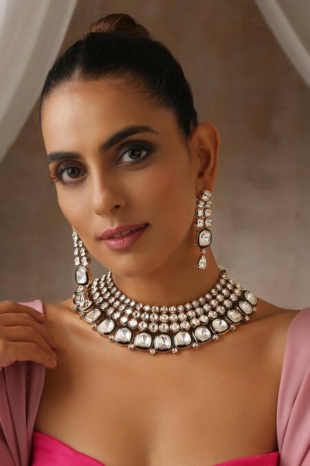 Swabhimann_Gold Plated Imitation Diamonds Moissanite Polki Studded Necklace Set _Online_at_Aza_Fashions