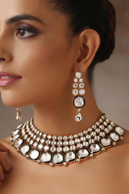 Buy_Swabhimann_Gold Plated Imitation Diamonds Moissanite Polki Studded Necklace Set _Online_at_Aza_Fashions