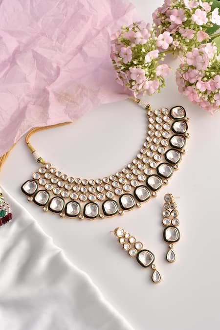 Shop_Swabhimann_Gold Plated Imitation Diamonds Moissanite Polki Studded Necklace Set _at_Aza_Fashions