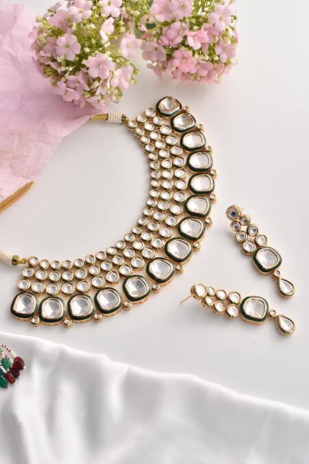 Shop_Swabhimann_Gold Plated Imitation Diamonds Moissanite Polki Studded Necklace Set _Online_at_Aza_Fashions