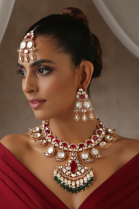 Swabhimann_Red Beads, Stones Uncut Polki Embellished Necklace Set _Online_at_Aza_Fashions