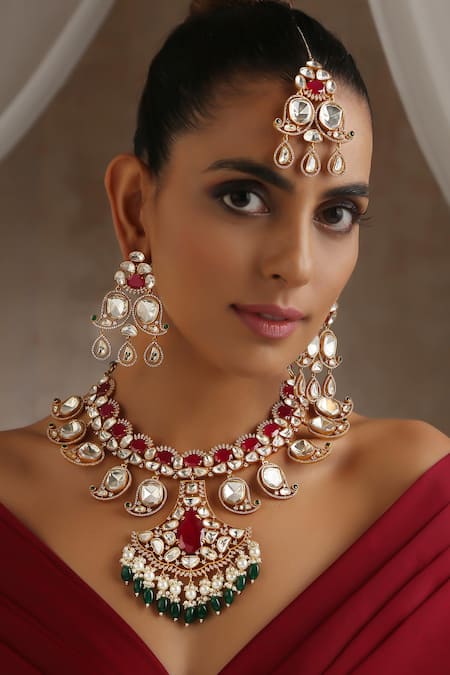 Buy_Swabhimann_Red Beads, Stones Uncut Polki Embellished Necklace Set _Online_at_Aza_Fashions