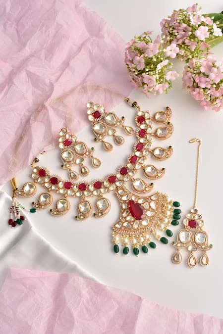 Shop_Swabhimann_Red Beads, Stones Uncut Polki Embellished Necklace Set _at_Aza_Fashions