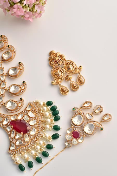 Shop_Swabhimann_Red Beads, Stones Uncut Polki Embellished Necklace Set _Online_at_Aza_Fashions