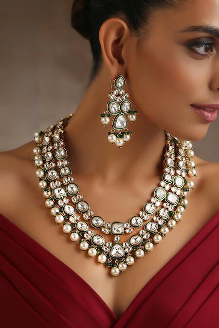 Swabhimann_White Pearls And Polki Work Layered Necklace Set _Online_at_Aza_Fashions