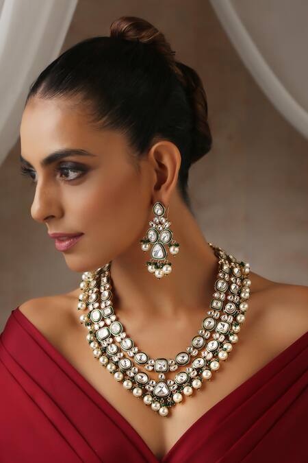 Buy_Swabhimann_White Pearls And Polki Work Layered Necklace Set _Online_at_Aza_Fashions