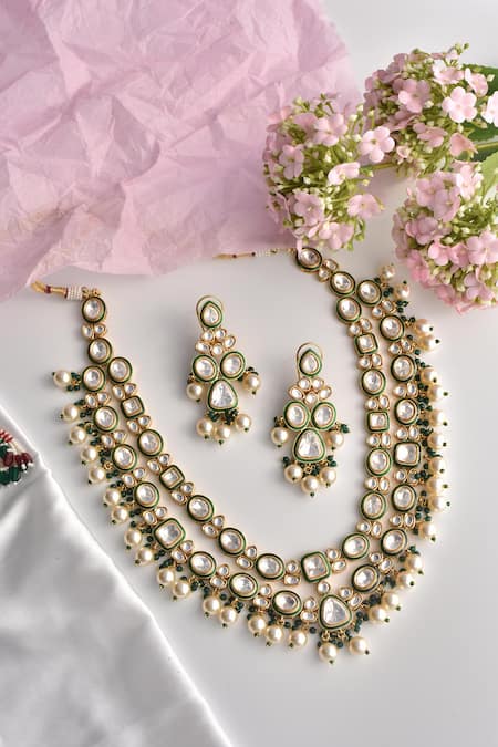 Shop_Swabhimann_White Pearls And Polki Work Layered Necklace Set _at_Aza_Fashions