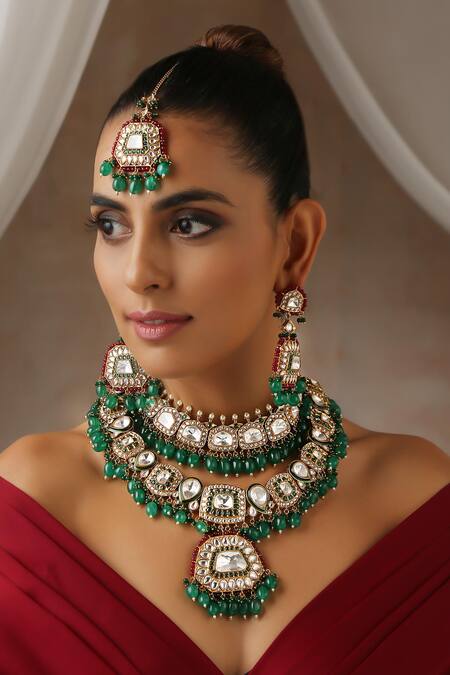 Swabhimann_Green Imitation Diamonds Geometric Polki Embellished Layered Necklace Set _Online_at_Aza_Fashions