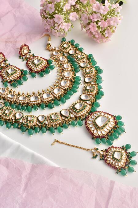Shop_Swabhimann_Green Imitation Diamonds Geometric Polki Embellished Layered Necklace Set _Online_at_Aza_Fashions