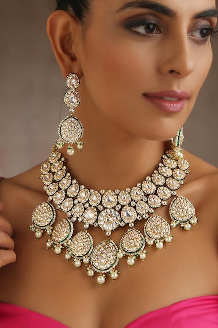 Swabhimann_Gold Plated Pearls, Metallic Floral Cutwork Polki Embellished Necklace Set _Online_at_Aza_Fashions