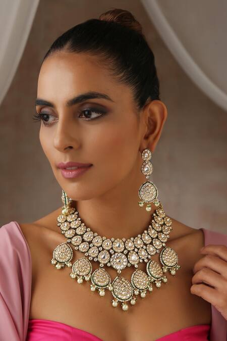 Buy_Swabhimann_Gold Plated Pearls, Metallic Floral Cutwork Polki Embellished Necklace Set _Online_at_Aza_Fashions