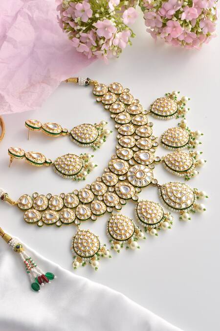 Shop_Swabhimann_Gold Plated Pearls, Metallic Floral Cutwork Polki Embellished Necklace Set _Online_at_Aza_Fashions