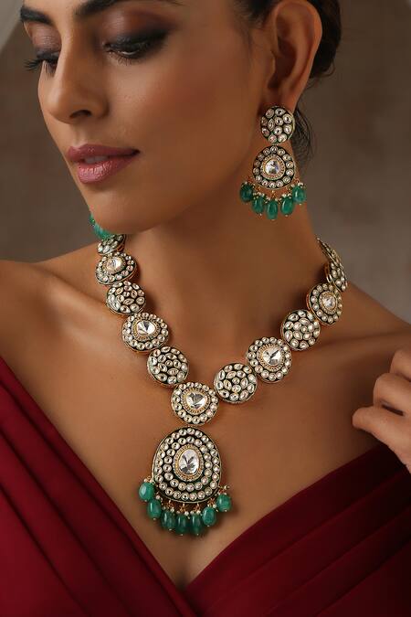 Swabhimann_Green Diamonds, Beads Geometric Polki Embellished Necklace Set _Online_at_Aza_Fashions