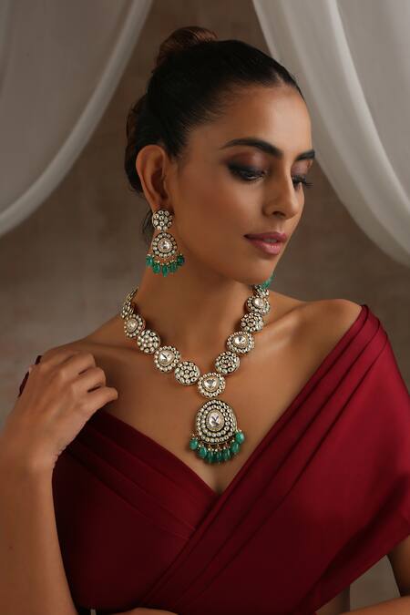 Buy_Swabhimann_Green Diamonds, Beads Geometric Polki Embellished Necklace Set _Online_at_Aza_Fashions