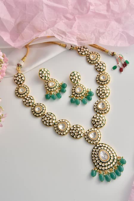 Shop_Swabhimann_Green Diamonds, Beads Geometric Polki Embellished Necklace Set _at_Aza_Fashions