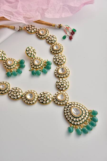 Shop_Swabhimann_Green Diamonds, Beads Geometric Polki Embellished Necklace Set _Online_at_Aza_Fashions