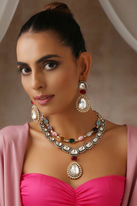 Swabhimann_Multi Color Diamonds, Stones Polki Embellished Layered Necklace Set_Online_at_Aza_Fashions