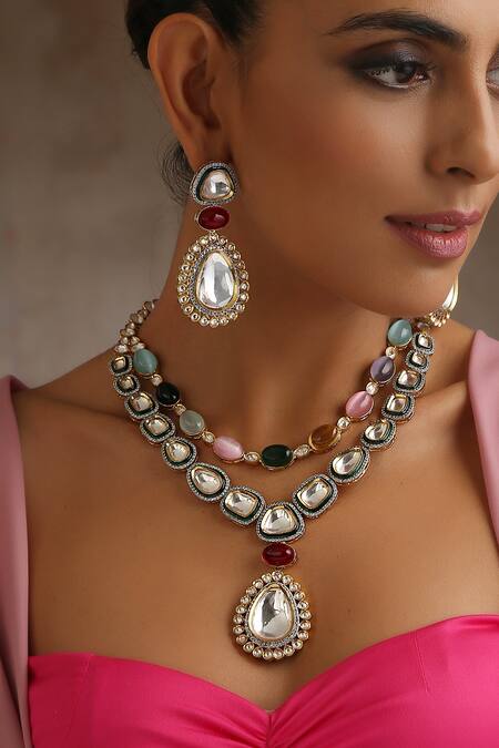 Buy_Swabhimann_Multi Color Diamonds, Stones Polki Embellished Layered Necklace Set_Online_at_Aza_Fashions