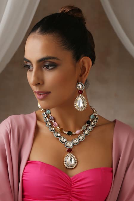 SWABHIMANN Multi Color Moissanite Polki Embellished Layered Necklace Set