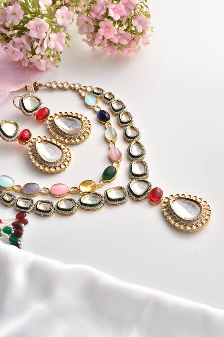 Shop_Swabhimann_Multi Color Diamonds, Stones Polki Embellished Layered Necklace Set_Online_at_Aza_Fashions