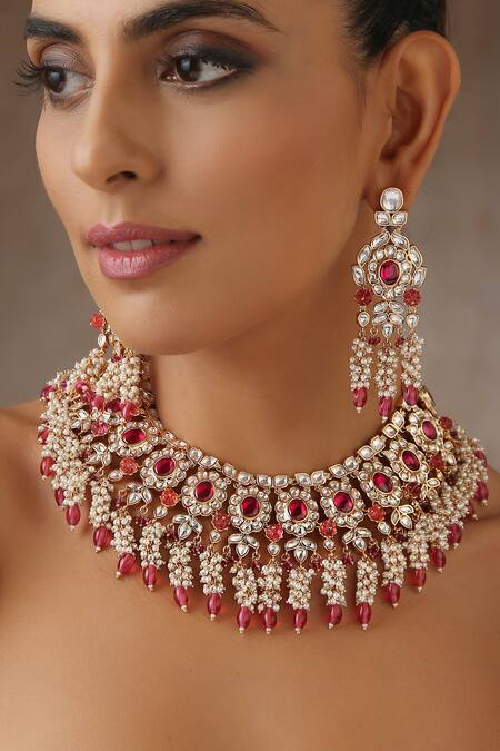 Swabhimann_Red Beads, Diamonds Victorian Polki Embellished Necklace Set _Online_at_Aza_Fashions
