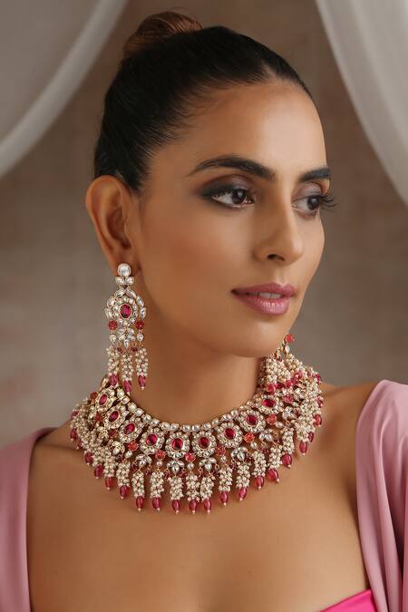 Buy_Swabhimann_Red Beads, Diamonds Victorian Polki Embellished Necklace Set _Online_at_Aza_Fashions