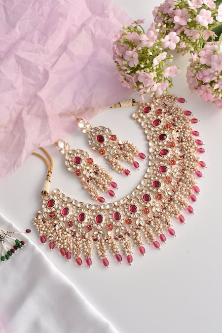 Shop_Swabhimann_Red Beads, Diamonds Victorian Polki Embellished Necklace Set _at_Aza_Fashions
