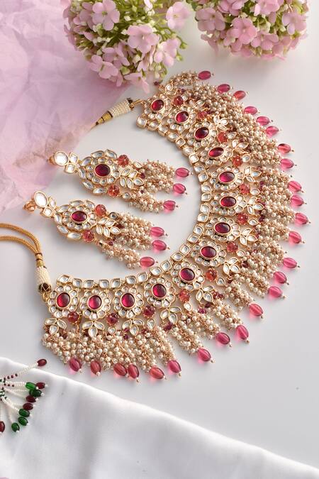 Shop_Swabhimann_Red Beads, Diamonds Victorian Polki Embellished Necklace Set _Online_at_Aza_Fashions