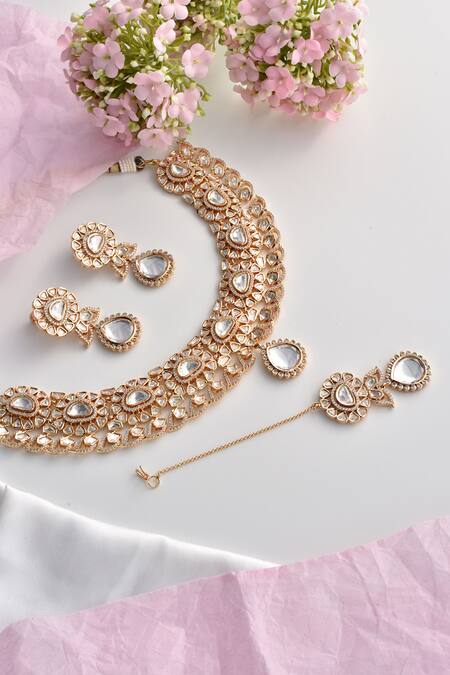 Shop_Swabhimann_Gold Plated Metallic Thread Floral Blossom Cutwork Necklace Set _Online_at_Aza_Fashions