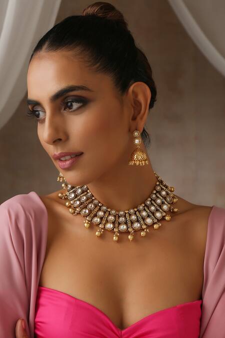 Swabhimann_Gold Plated Imitation Diamonds Geometric Polki Work Necklace Set_Online_at_Aza_Fashions